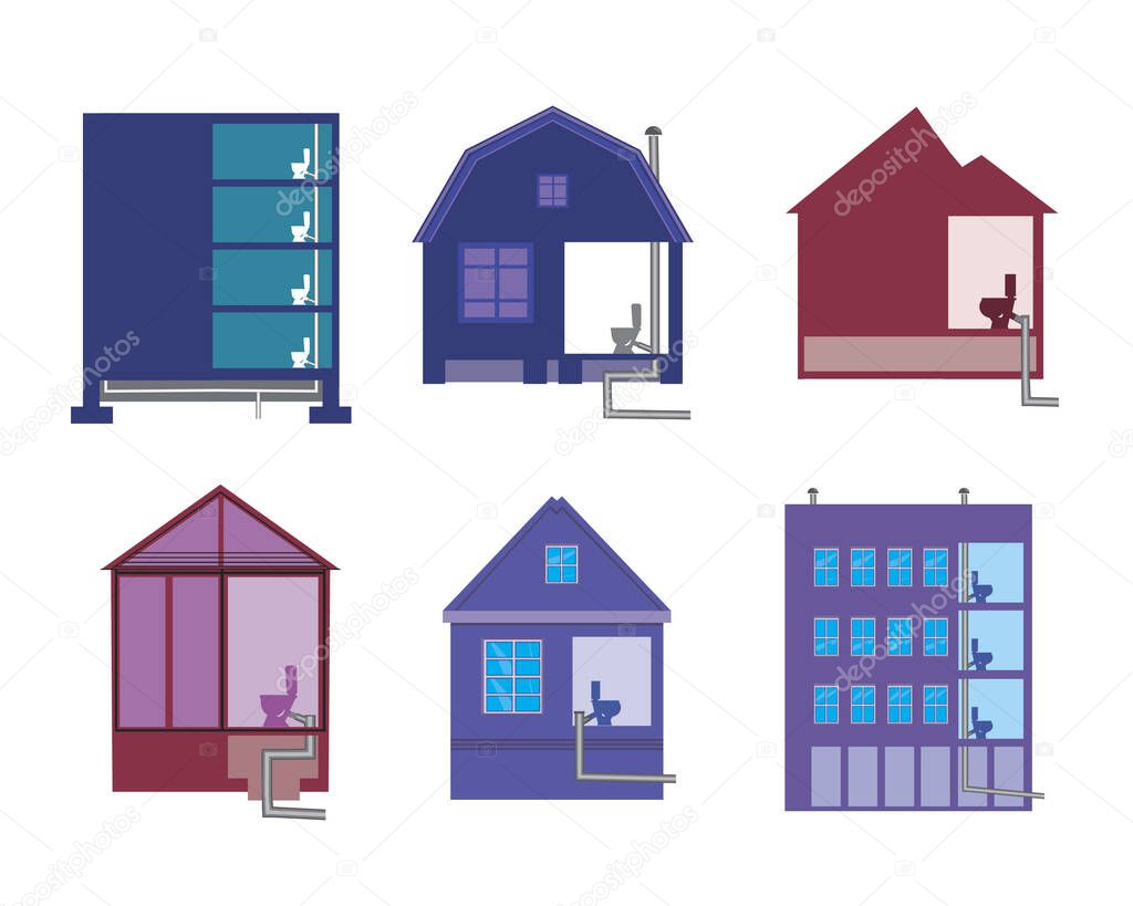 Sewerage in a country house or apartment building and toilets as a concept of plumbing and piping systems. Set of vector stock illustrations isolated on white background for design.