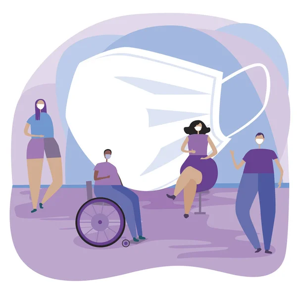 Koronovirüs ya da virüse karşı korunma konsepti olarak tıbbi maskeli erkek ve kadınların olduğu çok kültürlü bir toplum. Büyük bir solunum cihazı ve küçük insanlarla birlikte hisse senedi vektörü düz çizimi