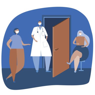 Hastalar ve klinikte bekleyen doktorlar ve ofisin kapısının yanında bekleyen doktorlar. Tıbbi maskeli bir hastanede enfeksiyon ve virüsü önleme konsepti olarak gösterilen hisse senedi düz çizimi