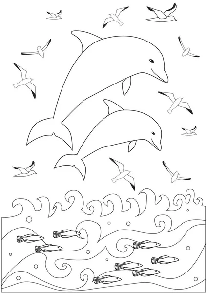 Desenho Para Colorir Com Bonitos Golfinhos Desenhos Animados Que Brincam —  Vetores de Stock