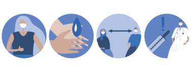 Salgın ya da salgının önlenmesi için öneriler. Düz vektör illüstrasyonu ve yuvarlak simgeler, elleri yıkayan ve yüz maskesi takan grip virüsünün önlenmesi için bir kavramdır.