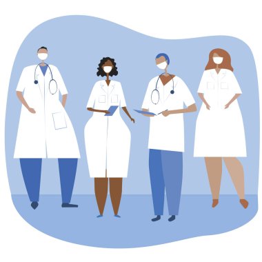 Beyaz önlüklü doktorlar ve yüz maskeleri virüsün ve gribin sağlığını ve önlenmesini sağlayan bir kavram. Çok kültürlü woker 'larla veya bir hastane veya kliniğin uzmanlarıyla stok vektör düz çizimi.