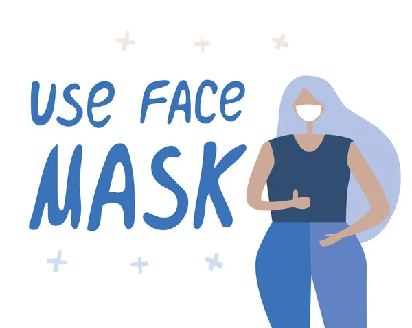保護マスクとデザインのための白いFnaに隔離されたテキスト使用フェイスマスクとレタリングの女の子 パンデミック時の感染 コロノウイルスおよびインフルエンザの予防のための概念としてのフラットベクトルストック図 — ストックベクタ