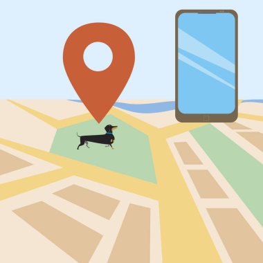 Köpeği akıllı telefon ya da cep telefonuyla takip etmek tasma GPS konsepti olarak sahibinin telefonunu kullanmak. Harita, safkan takta ve telefon ile stok vektör düz illüstrasyon