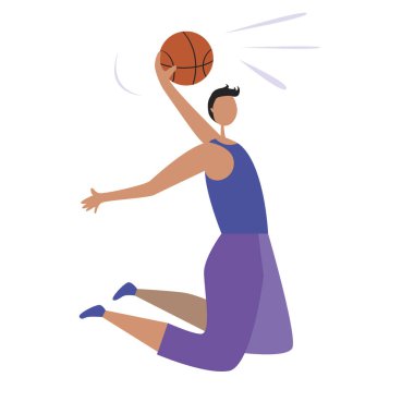 Avrupalı basketbolcu ya da dizayn için beyaz arka planda izole edilmiş sıçrayışta topu olan karakter. İskandinav düz vektör stok illüstrasyonu bir basketbol oyunu konsepti olarak