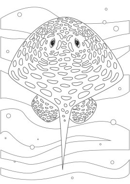 Güzel karikatür deniz vatozlu boyama sayfası ve baskı için hava kabarcıkları. A4 formatında anti-stres çizimi için denizdeki balıklarla ana hatlı vektör stok çizimi