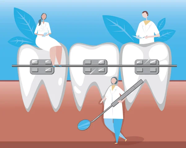 Petits Orthodontistes Dentistes Une Grande Dent Molaire Avec Appareil Dentaire — Image vectorielle