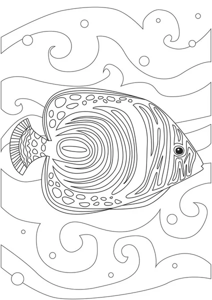以A4格式在白色背景上涂上皇家鱼天使的彩色页面 以海床或海洋作为成人抗压作用的概略或线性种群矢量图 — 图库矢量图片