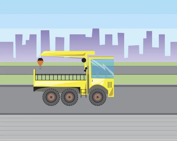 Camion Avec Une Grue Manipulateur Roule Sur Une Route Dehors — Image vectorielle