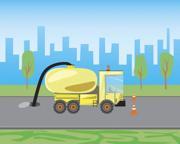 タンク付きの車は市内または道路上の下水道マンホールを掃除しています 都市サービスの概念として下水道タンカーと黄色のトラックの株式ベクトルフラットイラスト ディーゼル重機械 — ストックベクタ