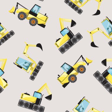 Kazı makinelerinde ya da arkada kova olan traktörlerde pürüzsüz desen. Stok vektörü düz ilüzyon yanılsaması veya sarı ağır makineler veya kumaş veya tekstil üzerine baskı yapmak için buldozerler ile rastgele desen