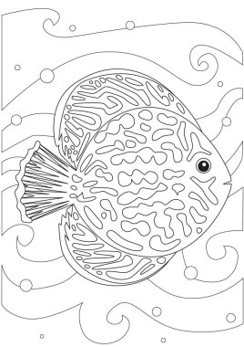 Yetişkinler için stres önleyici boyama kitabı için pek çok küçük detay içeren tropikal disk balıklarıyla boyama sayfası. Beyaz arkaplanda renkli baskı için bir köleyle birlikte ana hatlı il doğrusal stok vektör çizimi