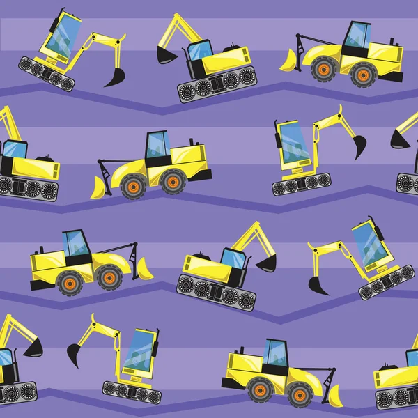 Oğlanlar için kıyafet tasarımı için tırtıl kovalı bir dozer ve kusursuz desen. Yazdırma, arkaplan veya arkaplan olarak traktör veya kazıyıcı içeren hisse senedi vektörü düz çizimi