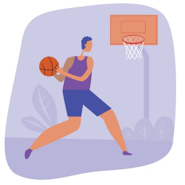 Basketbolcu basketbol sahasında topu ringin yanında tutuyor. Rekabet konsepti olarak bir basketbol sahası ve genç bir adamla hisse senedi düz çizimi.