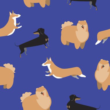 Kumaş ya da tekstil üzerine baskı yapmak için arka plan olarak mavi bir zemin üzerinde rastgele köpekler, dachshund ve galsh corgi ile kusursuz desen. Bebek kıyafetleri üzerine baskı yapmak için karakter ya da köpek içeren stok vektör düz çizimi