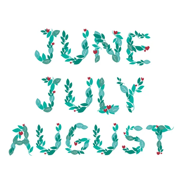 Namen Van Zomermaanden Letteren Lettertype Met Tekst Juni Juli Augustus — Stockvector