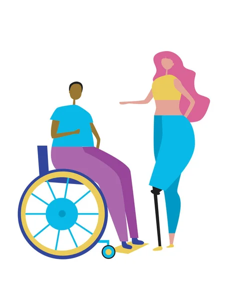 Protez bacaklı bir kadın ya da kız ve tekerlekli sandalyede siyah tenli genç ya da yetişkin bir adam. Beyaz zemin üzerinde izole insanlar ile düz vektör stok illüstrasyon.