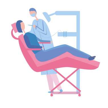 Bir dişçi ya da ortodontist ofiste dişleri ya da pulpitileri tedavi eder. Diş ağrısı tedavisinde kullanılacak konsept olarak diş aleti, sandalye ve hasta içeren düz vektör stok çizimi. Beyaz arkaplanda izole