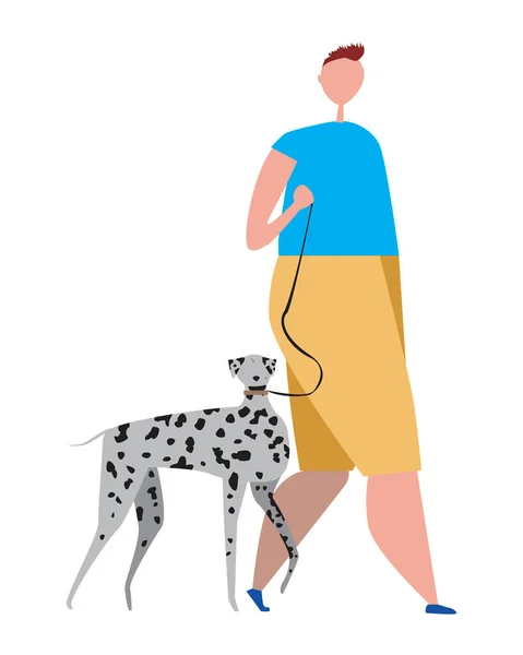 一个男人和海豚像主人和宠物一样走路 以狗为主人的种群向量平面图解作为对白色背景动物的爱的概念 — 图库矢量图片