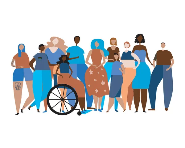 Farklı ten renkleri olan insanlar kavramı olarak çok kültürlü bir toplum. Düz vektör stok illüzyonu. Çok kültürlü erkekler, kadınlar ve engelli insanlarla. Tasarım için beyaz arka planda izole edilmiş.