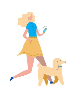 Köpek ya da kaniş bir kızla ya da genç bir kadınla yürür. Köpek ve sahibinin elinde köpek üreme konsepti olarak cep telefonu olan düz vektör stok çizimi