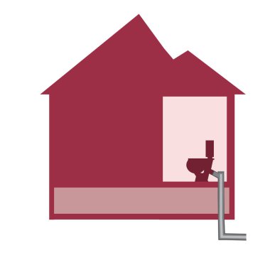 Kanalizasyon ve ev silueti bir tesisat sistemi veya boru hattı konsepti olarak kullanılıyor. Tasarım için beyaz zemin üzerinde izole edilmiş tuvalet ve boruları olan düz tek hisse senedi vektörü çizimi.