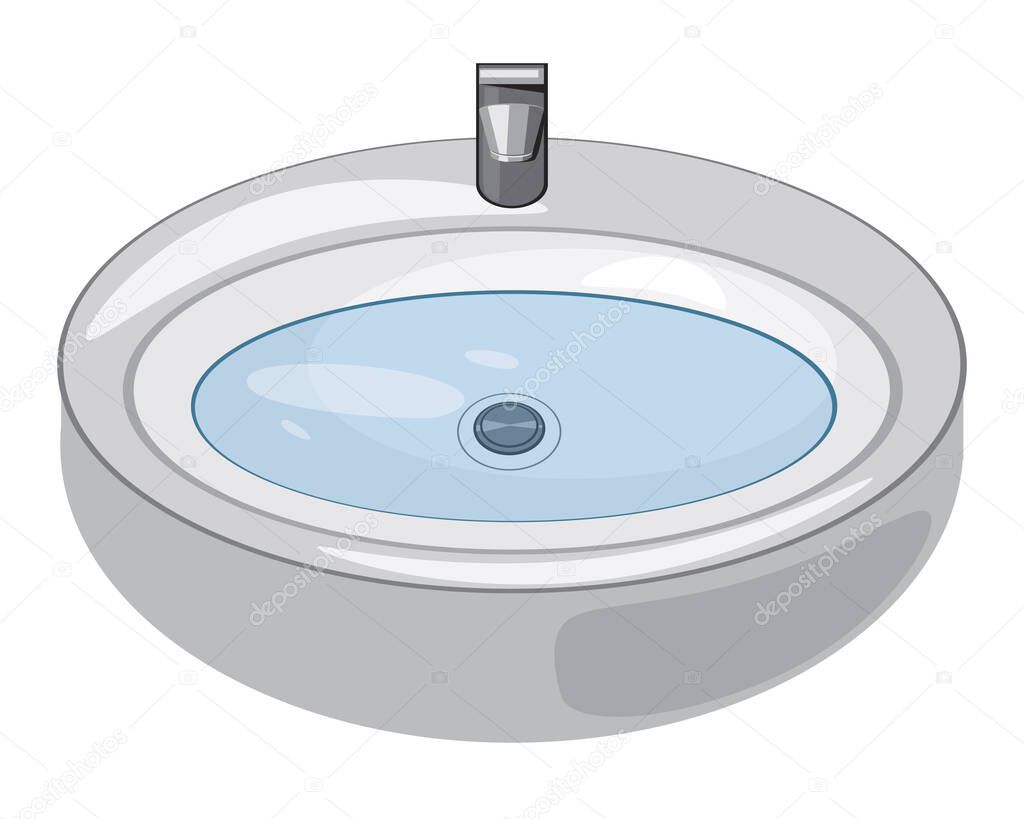 Sink with blockade and water isolated on a white background for design. Flat vector stock washbasin clogged as a concept of plumbing problems in the kitchen or bathroom. Sludge in a pipe or pipeline