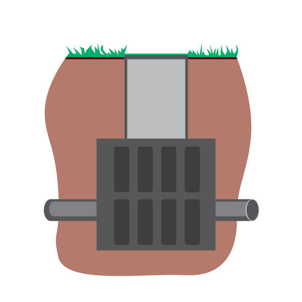 Sewage filtration system and sewer manhole isolated on a white background for design. Stock vector flat illustration with pipe or conduit and reservoir for sewage or sewage underground