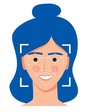 Dijital teknolojiyi güvenlik için kullanan genç bir kızın yüz tanıma programı. Gülümseyen kız ve dijital teknolojiyle beyaz arka planda izole edilmiş hisse senedi vektörü düz çizimi