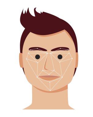 Akıllı telefonu engellemek ya da akıllı ev teknolojisi kullanmak için genç ya da yetişkin bir adamın yüzünü tanımlamak. Bir adamın portresi ve yüz tanıma ya da güvenlik amaçlı tanımlama için modern teknolojiler içeren hisse senedi vektörü düz çizimi