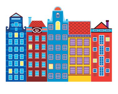 Amsterdam ya da Hollanda 'daki tatlı evler tasarım için beyaza izole edilmiş. Mimari ya da penceresinde ışık olan evleri kart ya da kartpostal olarak stok vektör düz resimleme
