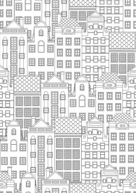 Amsterdam ya da Hollanda 'nın dış cepheleriyle yatay a4 formatında renklendirme sayfası ya da pürüzsüz desen. Yetişkinler için renklendirme kitabında baskı için mimari ile ana hatlı vektör stok çizimi