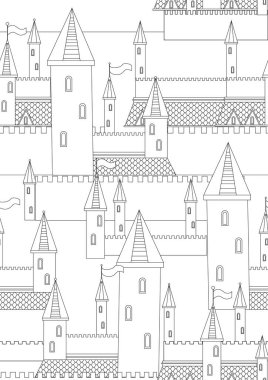 A4 formatında boyama kitabı için antik Avrupa kalesi ve kuleleri olan kusursuz desenli ya da renksiz bir sayfa. Yetişkinler için küçük detayları renklendirmek için mimari ile hisse senedi çizimi çizimi