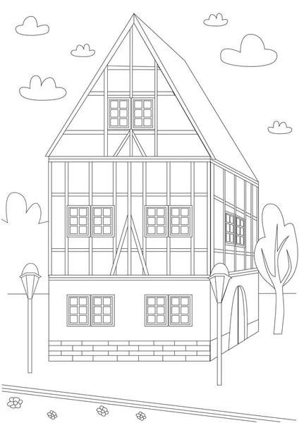 Coloring Page German Traditional House Cityscape Architecture Outline Stock Vector — Stock Vector