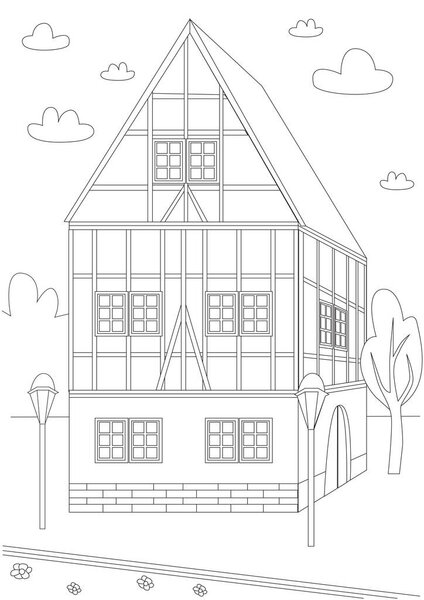 Coloring page with a german traditional house or cityscape with architecture. Outline or stock vector line stock illustration with old european architecture for anti stress therapy for adult
