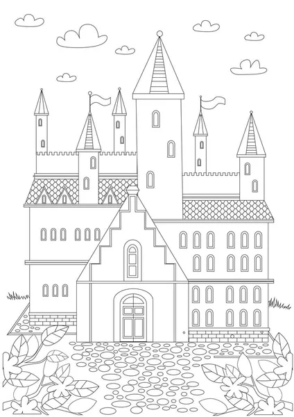 Розмальовка Архітектурою Або Замок Круглими Вежами Цегляним Фасадом Друку Книзі — стоковий вектор