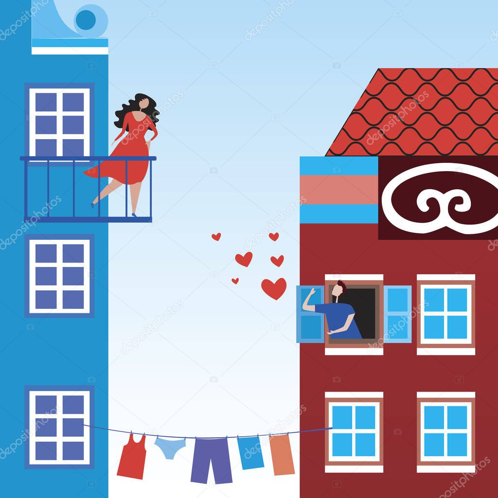 Date in a house next door to a man and woman neighbors as a concept of love of Romeo and Juliet. Flat vector illustration with a girl on the balcony and a guy in the window as a greeting card or greeting