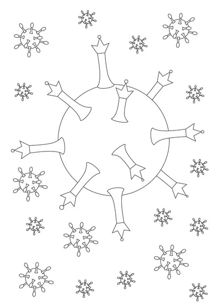 概要A4判カラーページとして顕微鏡下のコロナウイルスまたはウイルス デザイン 印刷または抗ストレス着色のための白い背景にストックベクトル線形イラスト — ストックベクタ