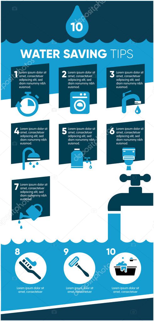 Illustration with tips on saving water consumption by a man in a house to reduce financial costs and reduce the number of accounts with water consumption. 10 water-saving tips. Vector Illustration
