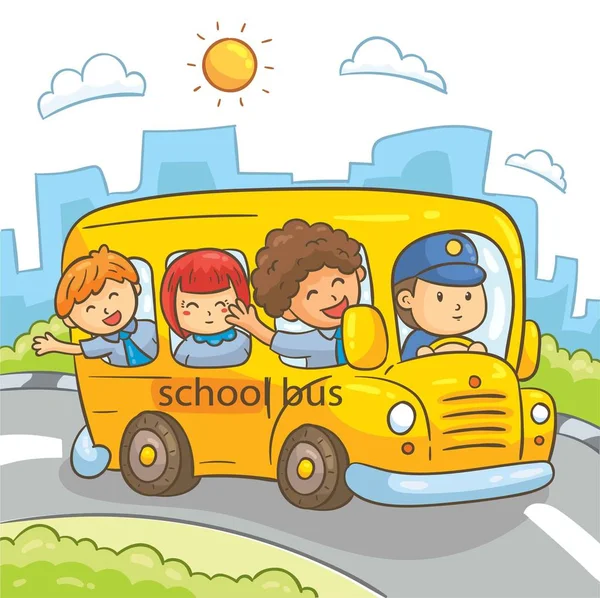 Okul Servisi Okul Otobüsüyle Okula Giden Çocuklar Vektör Llüstrasyonu — Stok Vektör