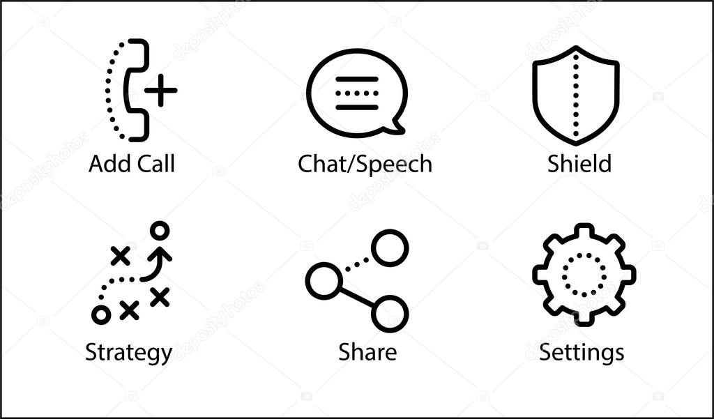 Creative vector icons for Add Call, Chat, Shield, Strategy, Share, & Settings. Icons Set