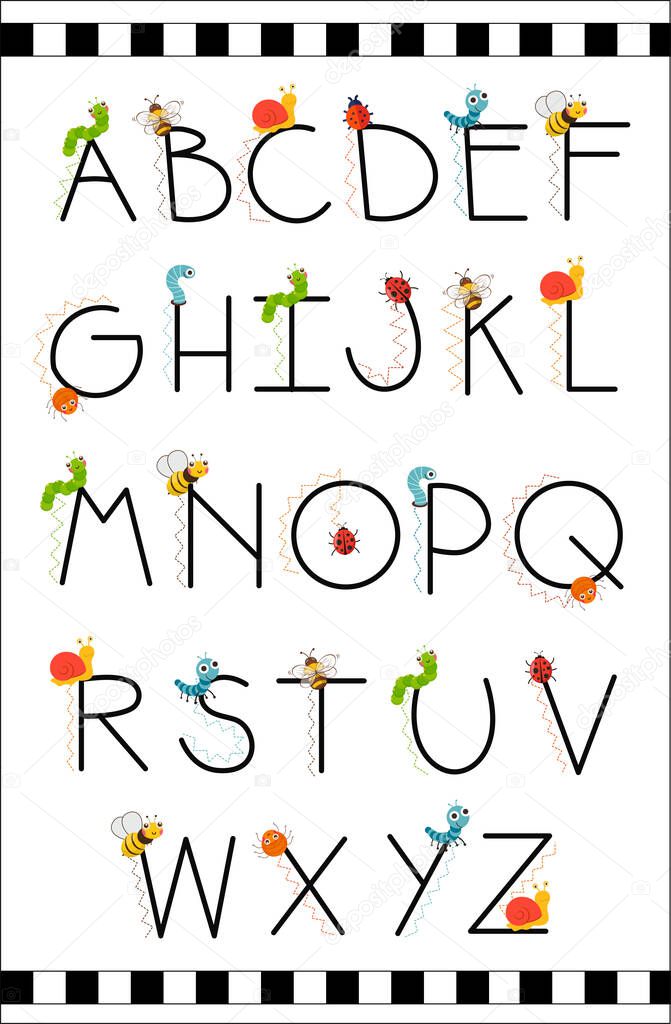Bugs funny alphabet in cartoon style. Colorful modern alphabet for kids, nursery, poster, card, t-shirt, birthday party, packaging paper design, Wallpaper, baby clothes. Vector illustration