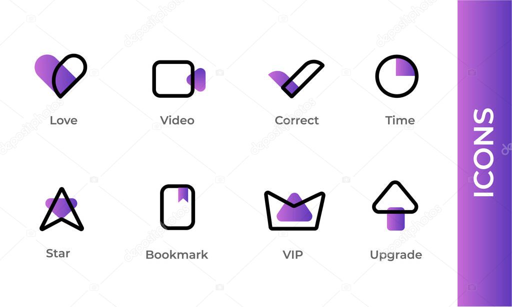 Technology Icons in outline and gradient. Two-tone icons showing Love, Like, Video, Video Chat, Correct, Right, Check, Clock, Time, Star, Bookmark, VIP, Upgrade, Up Arrow. Stroke vector logo concept.