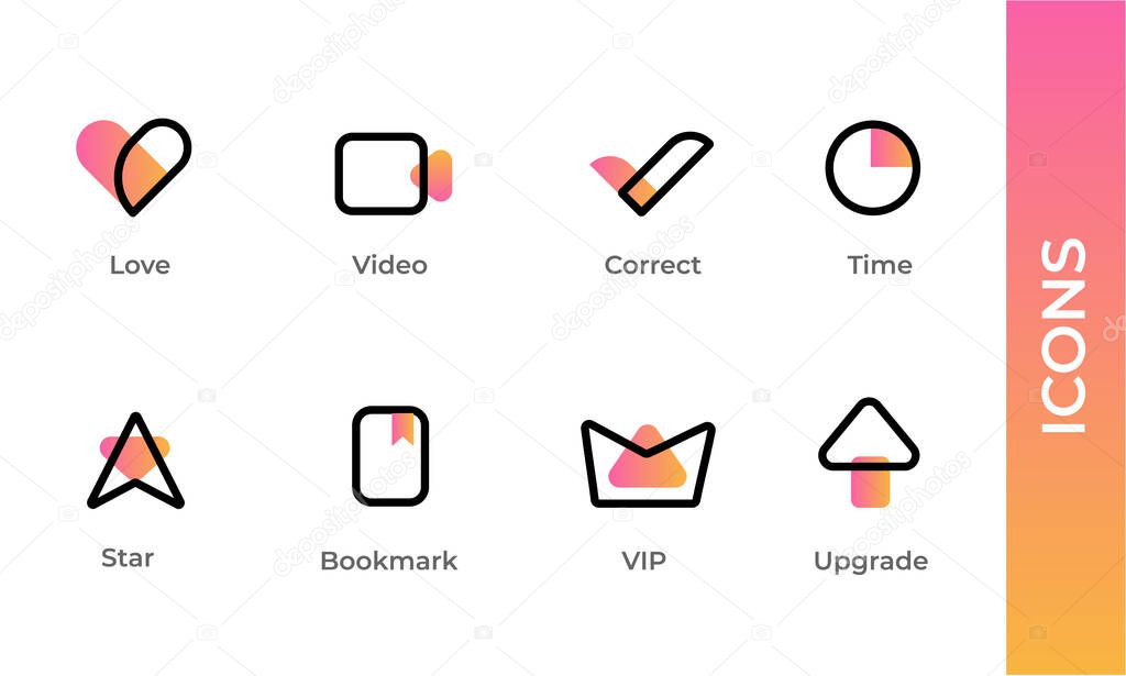 Technology Icons in outline and gradient. Two tone icons showing Love, Like, Video, Video Chat, Correct, Right, Check, Clock, Time, Star, Bookmark, VIP, Upgrade, Up Arrow. Stroke vector logo concept.