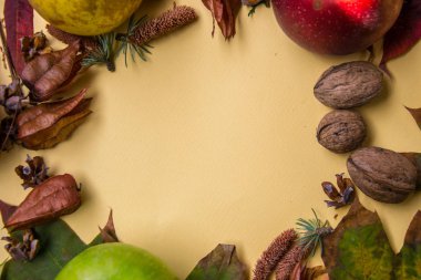 Sarı arka planda renkli yapraklar, kapsüller, yiyecekler ve fındıklar, natürmort yaşam alanı, üst görünüm sonbahar kompozisyonu, metin için yer