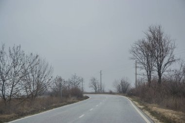 Bulgaristan 'daki puslu otomobil yolu, ölü ağaçlar ve sis, mavi gökyüzü arka planı, yol kenarındaki bitki ve ağaçlar