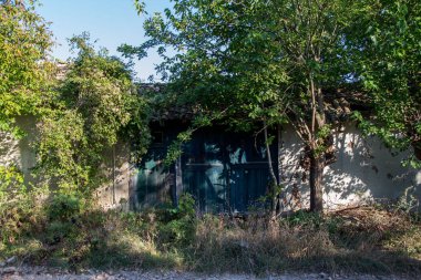 Eski terk edilmiş evin dış cephesi, hasarlı boyalı ahşap kapı / pencere, kabarık dış görünüş