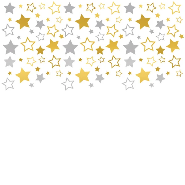 Frame with blank space for text. Border of silver and golden stars on white background. Vector for Christmas and New Year greeting card, banner, invitation, packaging design, illustration pattern