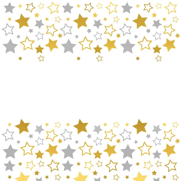 Frame with blank space for text. Border of silver and golden stars on white background. Vector for Christmas and New Year greeting card, banner, invitation, packaging design, illustration pattern
