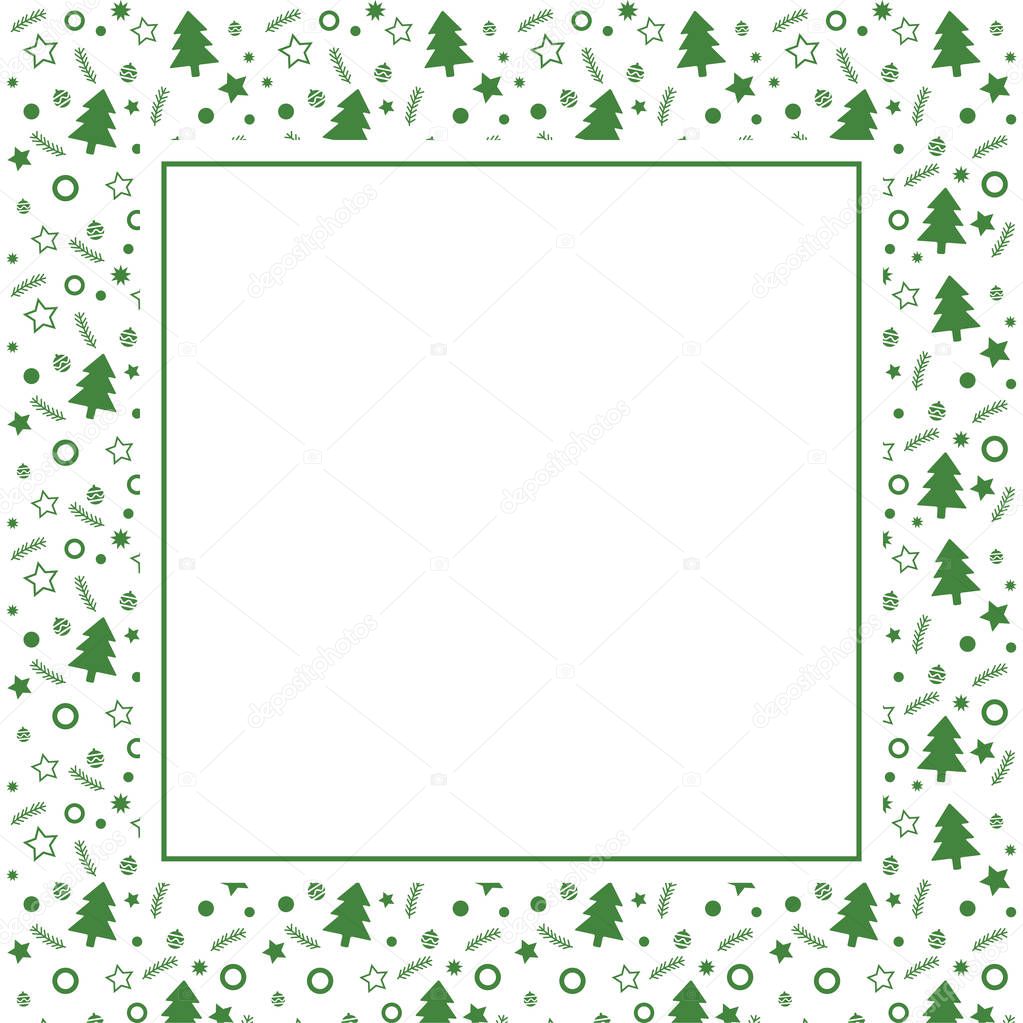 Frame with blank space for text. Border of xmas toys, tree and stars. Vector for Christmas and New Year greeting card, banner, invitation, packaging design, illustration pattern